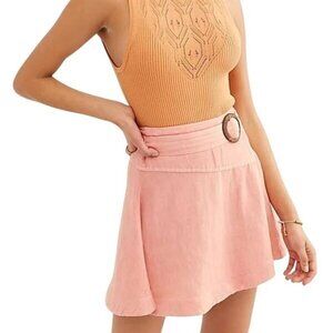Free People Pink Higher Ground A-Line Skirt Linen Blend Flowy Belted‎ Waist M*